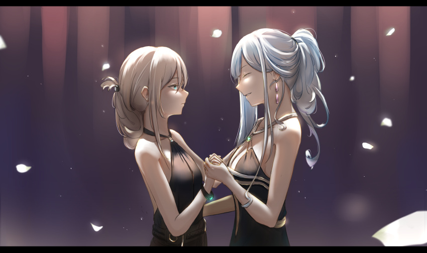 2girls absurdres ak-12_(girls_frontline) alternate_costume an-94_(girls_frontline) anming bangs blue_eyes blush breasts closed_mouth commentary_request dancing dress girls_frontline gloves hair_between_eyes hairband halter_dress highres holding_hands long_hair medium_breasts multiple_girls sidelocks silver_hair smile very_long_hair