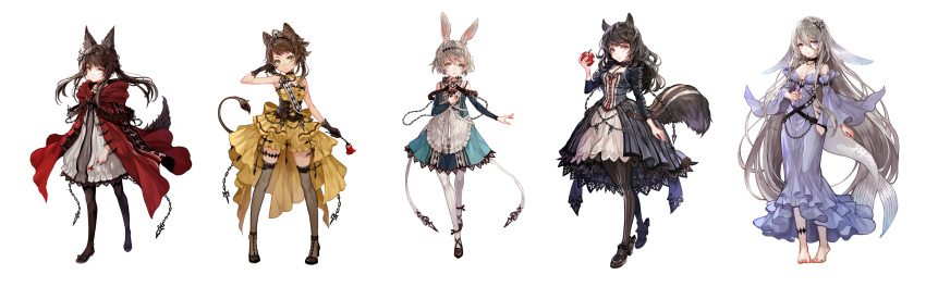 5girls animal_ears apple arm_up bangs bare_shoulders barefoot black_bow black_footwear blue_dress blue_eyes bow braid breasts brown_eyes brown_gloves brown_hair chain chocker collar collarbone dress eyebrows_visible_through_hair fish_tail flower food fruit gloves green_eyes hair_between_eyes headband headgear high_heels highres holding holding_flower holding_food holding_fruit holding_pocket_watch light_brown_hair long_hair medium_hair multiple_girls original parted_lips pocket_watch potion rabbit_ears red_eyes red_flower ribbon see-through senano-yu short_hair simple_background standing striped striped_legwear tail thigh-highs thorns very_long_hair violet_eyes watch white_background white_legwear white_ribbon yellow_dress