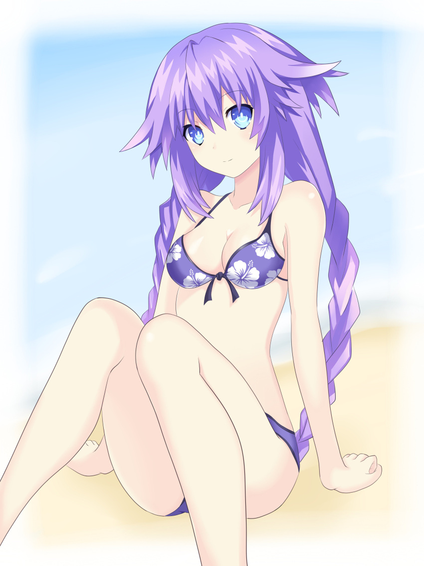 1girl absurdres bare_legs bare_shoulders beach bikini blue_eyes braid breasts floral_print hair_ornament highres long_hair looking_at_viewer medium_breasts neptune_(series) purple_hair purple_heart ramu-on@_shinon sand sitting solo swimsuit symbol-shaped_pupils twin_braids very_long_hair