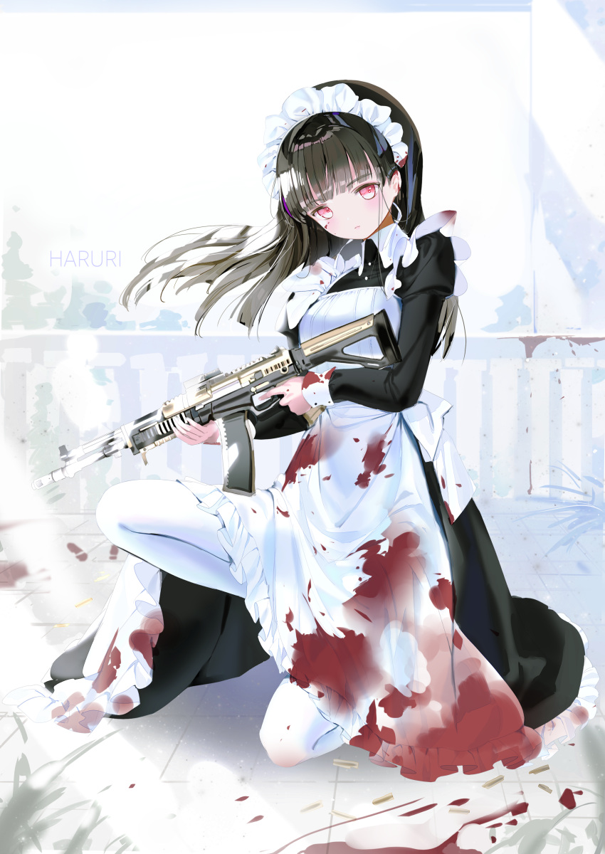 1girl absurdres apron bangs black_dress blood blood_on_face bloody_clothes brown_hair closed_mouth dress eyebrows_visible_through_hair floating_hair frilled_apron frills full_body gun head_tilt highres holding holding_gun holding_weapon juliet_sleeves long_sleeves looking_at_viewer machine_gun maid maid_headdress mullpull one_knee original pantyhose puffy_sleeves railing red_eyes shell_casing solo waist_apron weapon weapon_request white_apron white_legwear