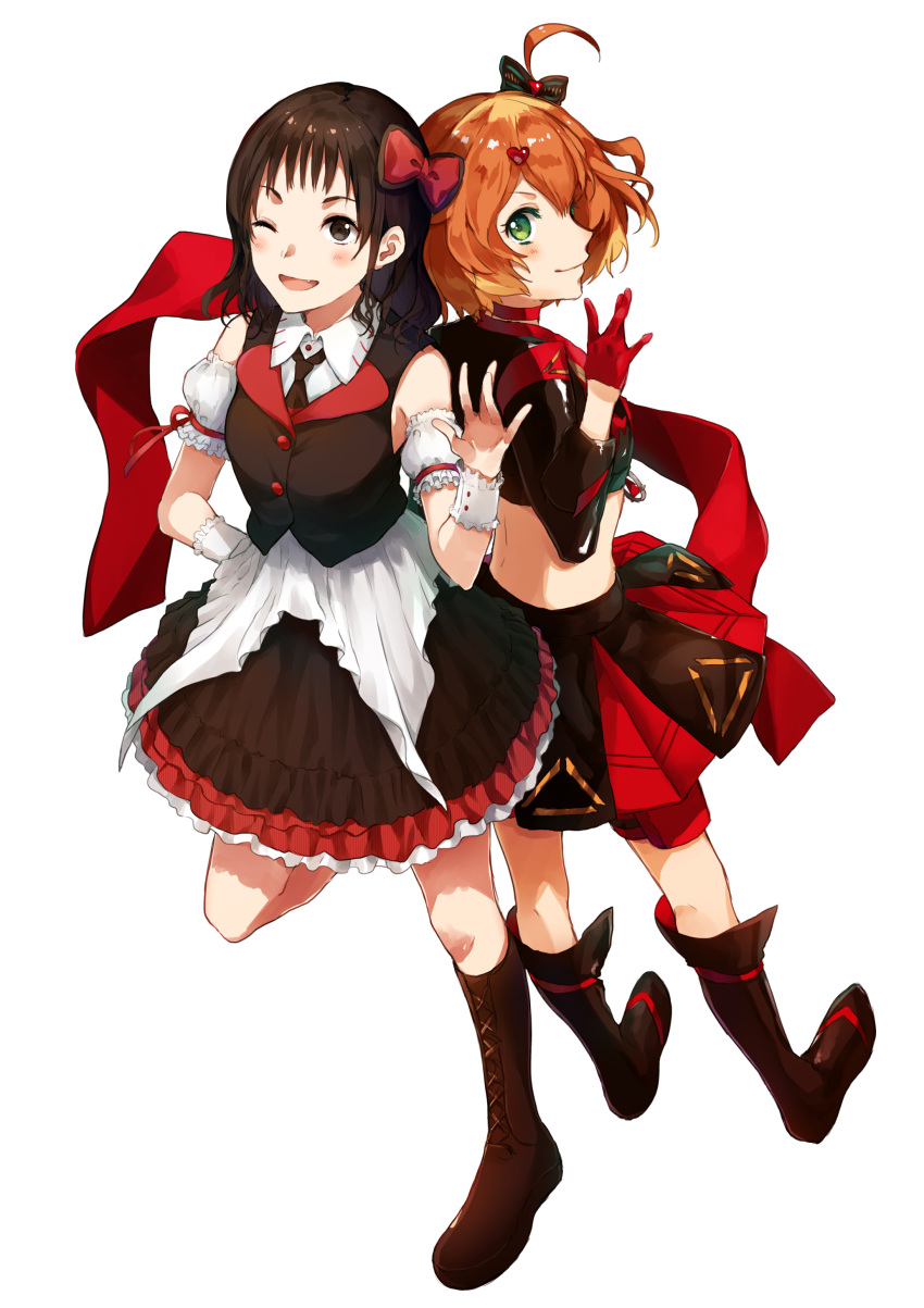 2girls :d absurdres ahoge arm_strap back-to-back black_footwear black_neckwear black_skirt blonde_hair boots bow brown_hair collared_shirt crop_top cross-laced_footwear freyja_wion full_body gloves green_eyes hair_between_eyes hair_bow hair_ornament half_gloves hand_on_hip heart heart_hair_ornament highres knee_boots lace-up_boots layered_skirt looking_at_viewer macross macross_delta midriff miniskirt multiple_girls necktie open_mouth red_bow red_gloves seiyuu_connection shikino_iroka shirt short_hair simple_background skirt sleeveless sleeveless_shirt smile standing standing_on_one_leg suzuki_minori walkure_(macross_delta) white_background white_shirt