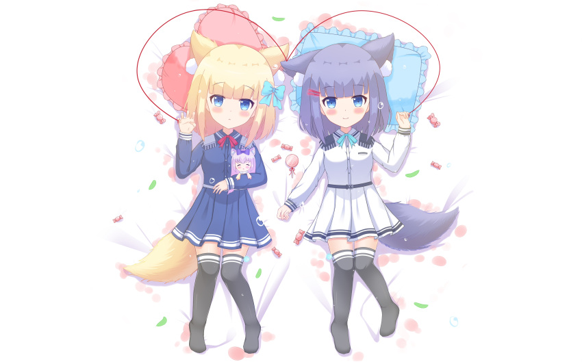 2girls absurdres animal_ear_fluff animal_ears bangs bed_sheet black_legwear blonde_hair blue_bow blue_eyes blue_shirt blue_skirt blunt_bangs blush bow breasts candy candy_wrapper character_doll character_request closed_mouth collared_shirt commentary_request doll_hug dress_shirt epaulettes eyebrows_visible_through_hair food frilled_pillow frills hair_bow hair_ornament hairclip hand_up heart heart_pillow highres liang_feng_qui_ye lollipop long_sleeves multiple_girls no_shoes pillow pleated_skirt purple_hair red_string rukiroki sasugano_roki sasugano_ruki shirt skirt small_breasts smile string swirl_lollipop tail thigh-highs white_shirt white_skirt