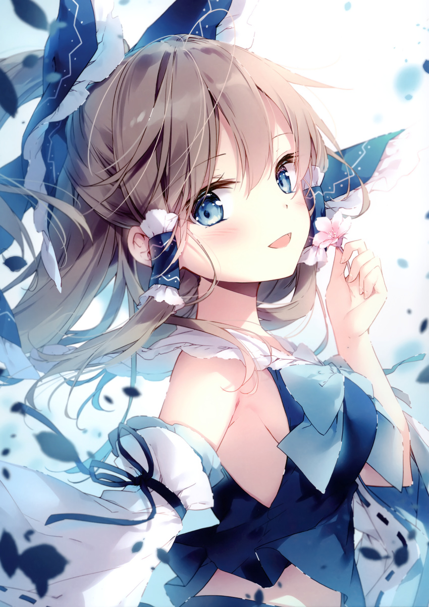 1girl :d absurdres alternate_color arm_ribbon bangs bare_shoulders blue_background blue_bow blue_eyes blue_neckwear blue_ribbon blue_skirt blush bow breasts brown_hair cherry_blossoms detached_sleeves eyebrows_visible_through_hair fingernails flower frilled_bow frills gradient gradient_background hair_between_eyes hair_bow hair_tubes hakurei_reimu hand_up highres holding holding_flower long_hair long_sleeves looking_at_viewer medium_breasts midriff_peek mochizuki_shiina open_mouth petals pink_flower ribbon ribbon-trimmed_sleeves ribbon_trim scan shiny shiny_hair shiny_skin sidelocks simple_background skirt skirt_set smile solo touhou upper_body wide_sleeves