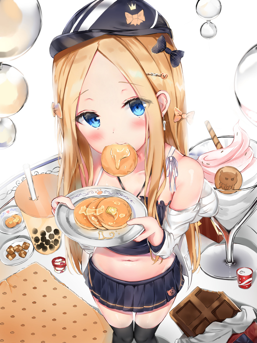 1girl abigail_williams_(fate/grand_order) absurdres bachibachi_(tisen) bangs bare_shoulders biscuit black_bow black_headwear black_legwear black_shirt black_skirt blonde_hair blue_eyes blush bow bubble_tea butter checkerboard_cookie chocolate_bar collarbone cookie crop_top cup dessert drinking_glass earrings fate/grand_order fate_(series) food from_above hair_bow hair_ornament hairclip halterneck highres holding holding_plate ice_cream jacket jewelry long_hair looking_at_viewer midriff milk_tea miniskirt mouth_hold multiple_hair_bows navel off_shoulder open_clothes open_jacket pancake parted_bangs plate pleated_skirt shirt sidelocks simple_background skirt solo standing stomach thigh-highs very_long_hair wafer_stick white_background white_jacket zettai_ryouiki