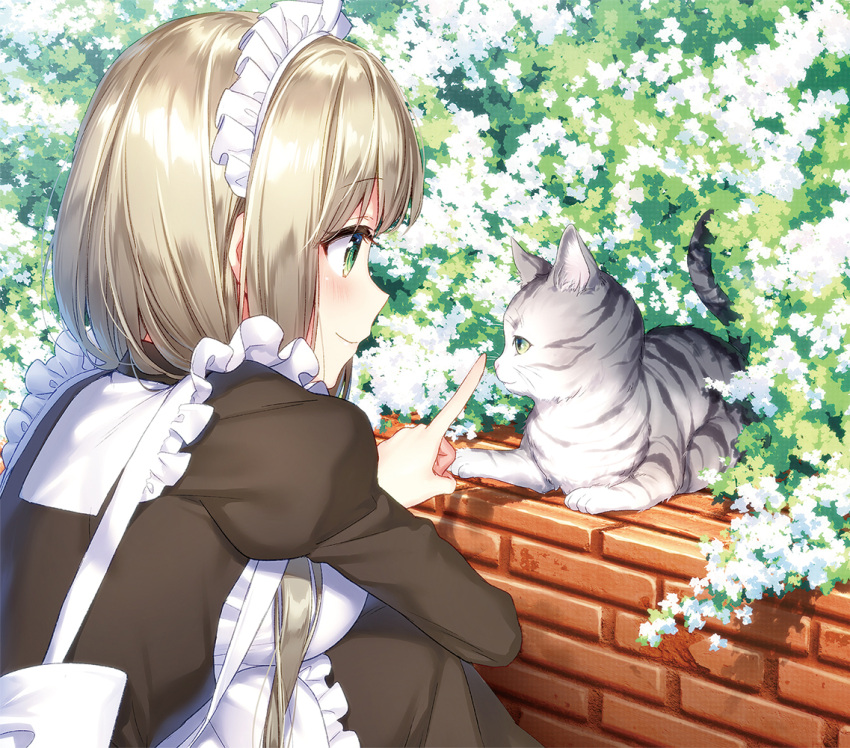 1girl animal apron blonde_hair blush breasts brick_wall brown_dress bush cat closed_mouth commentary_request day dress foliage frilled_apron frilled_dress frills from_side green_eyes index_finger_raised juliet_sleeves long_sleeves looking_at_animal looking_away maid maid_headdress masuishi_kinoto medium_breasts original outdoors profile puffy_sleeves shiny shiny_hair short_hair smile solo squatting tareme whiskers white_apron