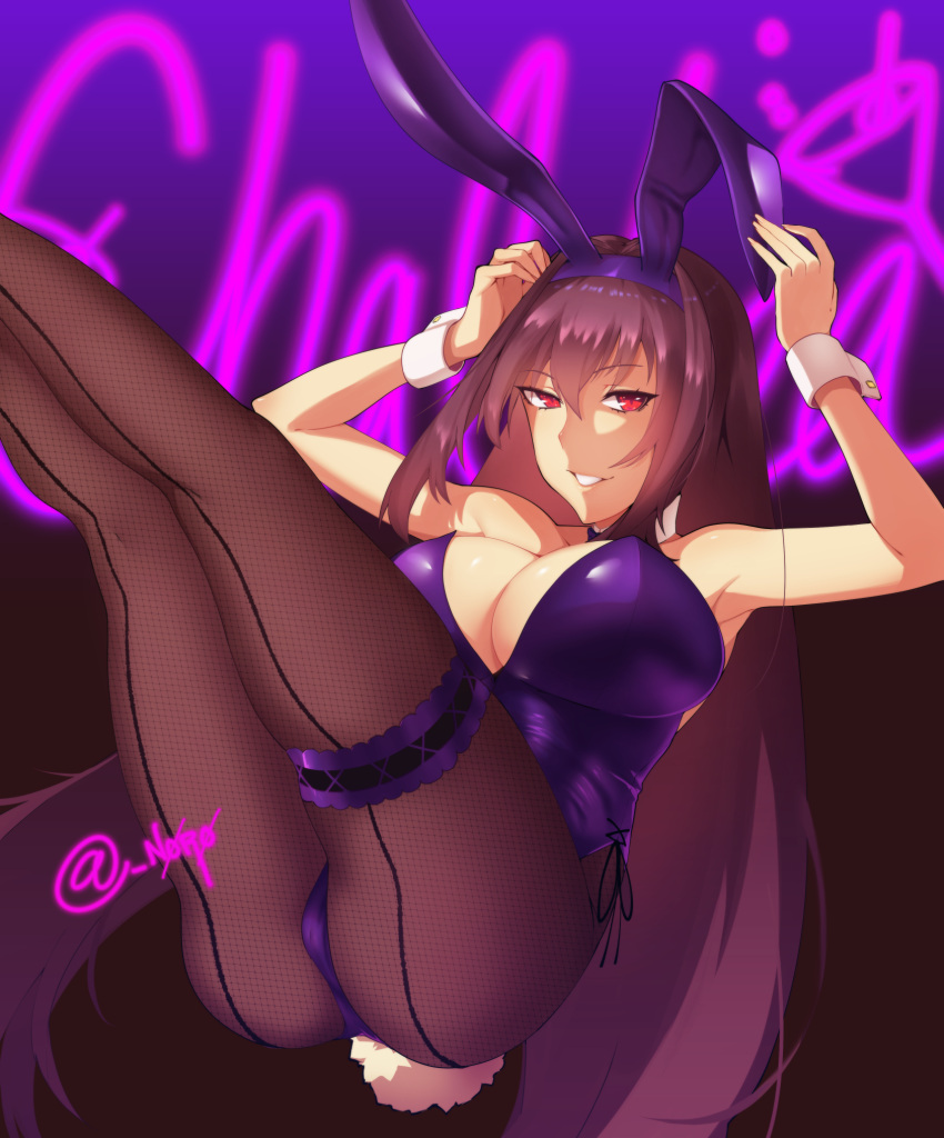 1girl animal_ears arms_up artist_name ass bare_shoulders bow bowtie breasts bunny_girl bunny_tail bunnysuit detached_collar fake_animal_ears fate/grand_order fate_(series) fishnet_pantyhose fishnets highres large_breasts legs_together legs_up leotard long_hair looking_at_viewer neon_lights pantyhose purple_hair purple_leotard rabbit_ears red_eyes scathach_(fate)_(all) scathach_(fate/grand_order) skelefuku smile solo strapless strapless_leotard tail wrist_cuffs