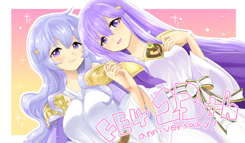 2girls absurdres anniversary circlet closed_mouth commentary_request diadora_(fire_emblem) dress fire_emblem fire_emblem:_seisen_no_keifu highres holding_hands mother_and_daughter multiple_girls open_mouth parted_lips purple_hair upper_body violet_eyes yukia_(firstaid0) yuria_(fire_emblem)