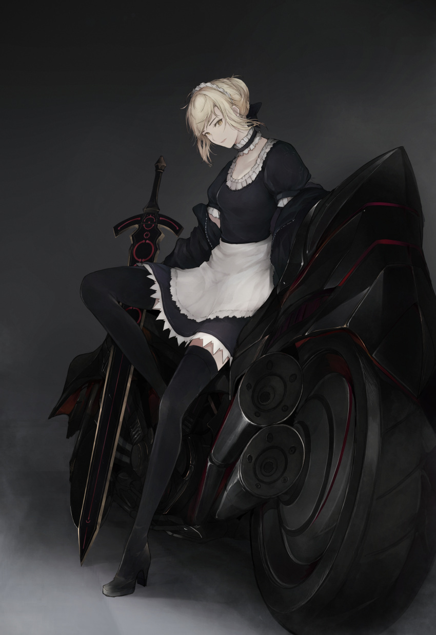 1girl apron artoria_pendragon_(all) bangs black_bow black_choker black_dress black_footwear black_legwear blonde_hair boots bow breasts brown_eyes choker closed_mouth commentary_request dark_excalibur dress fate/grand_order fate_(series) frilled_choker frills grey_background ground_vehicle hair_bow hair_bun head_tilt high_heel_boots high_heels highres maid_headdress marumoru motor_vehicle motorcycle puffy_short_sleeves puffy_sleeves saber_alter short_sleeves sidelocks small_breasts solo thigh-highs thigh_boots waist_apron white_apron