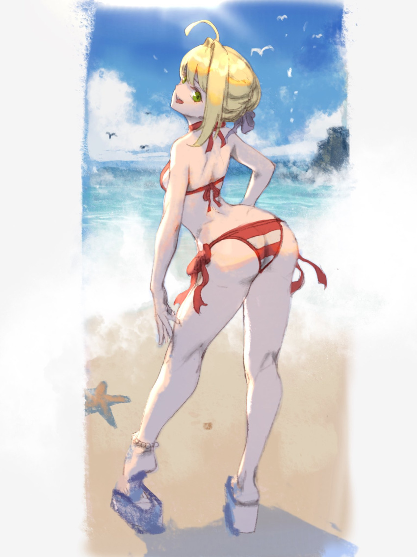 1girl ahoge anklet arched_back artoria_pendragon_(all) ass beach bikini breasts contrapposto cosplay fate/grand_order fate_(series) from_behind green_eyes hair_bun hair_ribbon halterneck head_tilt highres jewelry korean_commentary looking_back nero_claudius_(fate)_(all) nero_claudius_(swimsuit_caster)_(fate) nero_claudius_(swimsuit_caster)_(fate)_(cosplay) outdoors oz_(gerbera7) platform_footwear ribbon saber sandals short_hair side-tie_bikini small_breasts solo standing striped striped_bikini swimsuit