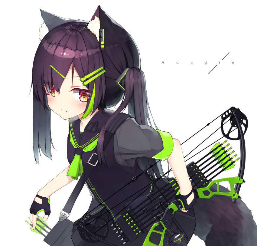 1girl absurdres animal_ear_fluff animal_ears arrow asymmetrical_hair bangs black_gloves black_sailor_collar black_skirt black_vest bow_(weapon) commentary_request eyebrows_visible_through_hair fingerless_gloves gloves green_neckwear grey_shirt hair_between_eyes hair_ornament hairclip highres holding holding_bow_(weapon) holding_weapon leaning_forward long_hair looking_at_viewer mayogii original pleated_skirt purple_hair red_eyes sailor_collar shirt short_sleeves simple_background skirt solo tail twintails uneven_twintails vest weapon white_background