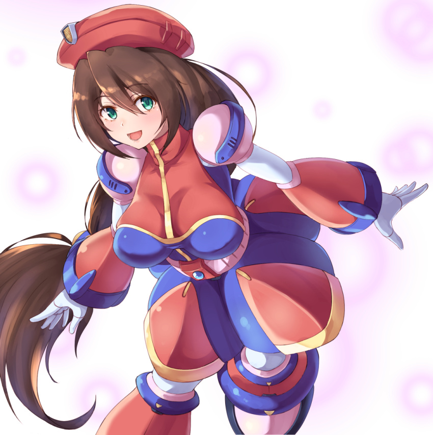 1girl android bangs bent_over beret blush breasts brown_hair commentary_request eyebrows_visible_through_hair green_eyes hair_between_eyes hat iris_(rockman_x) large_breasts long_hair looking_at_viewer low-tied_long_hair military_hat open_mouth puru_(ex-150) red_headwear rockman rockman_x rockman_x4 simple_background smile solo