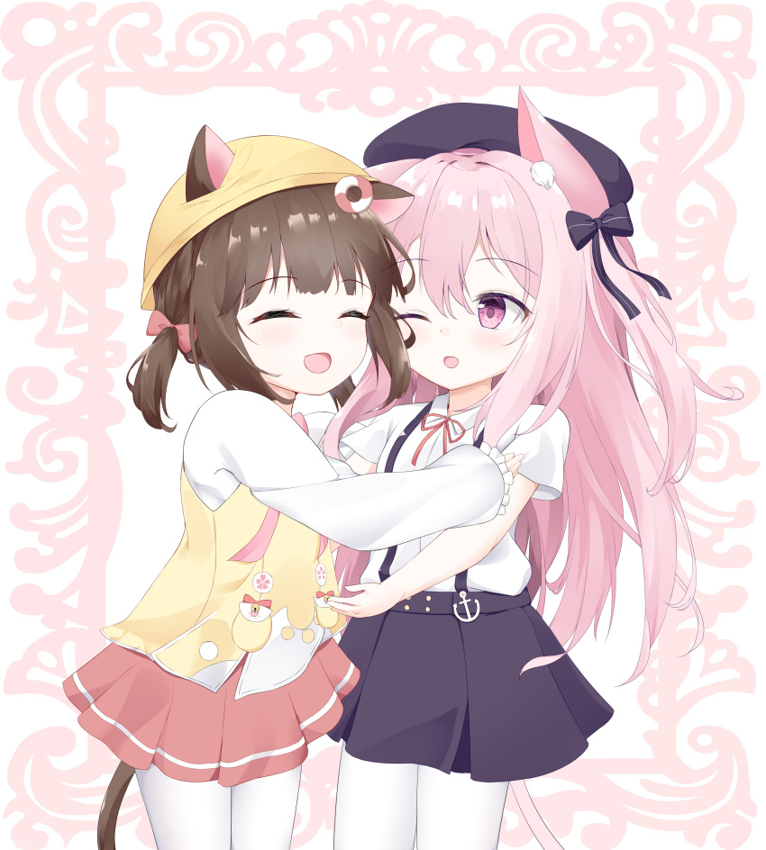 2girls :d ;d absurdres animal_ear_fluff animal_ears azur_lane bangs beret black_bow black_headwear black_skirt blush bow cat_ears cat_girl cat_tail closed_eyes collared_shirt commentary_request ears_through_headwear eyebrows_visible_through_hair frilled_sleeves frills hair_between_eyes hair_bow hat highres jacket kisaragi_(azur_lane) lifebuoy_hair_ornament long_hair long_sleeves multiple_girls mutsuki_(azur_lane) neck_ribbon one_eye_closed one_side_up open_mouth pantyhose pink_hair pleated_skirt red_bow red_ribbon red_skirt remodel_(azur_lane) ribbon roido_(taniko-t-1218) school_hat shirt short_sleeves short_twintails skirt sleeves_past_wrists smile striped striped_bow suspender_skirt suspenders tail twintails very_long_hair violet_eyes white_legwear white_shirt yellow_headwear yellow_jacket