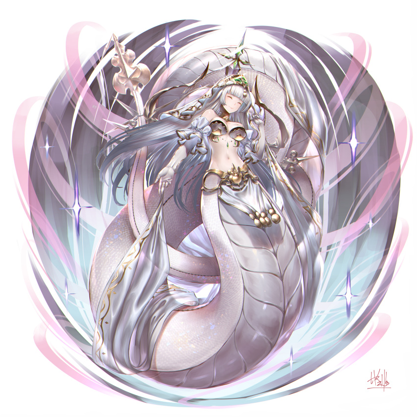 1girl absurdres breasts closed_eyes echidna_(granblue_fantasy) elbow_gloves gloves granblue_fantasy highres huge_filesize kawarage lamia large_breasts long_hair monster_girl navel pelvic_curtain scales veil white_hair