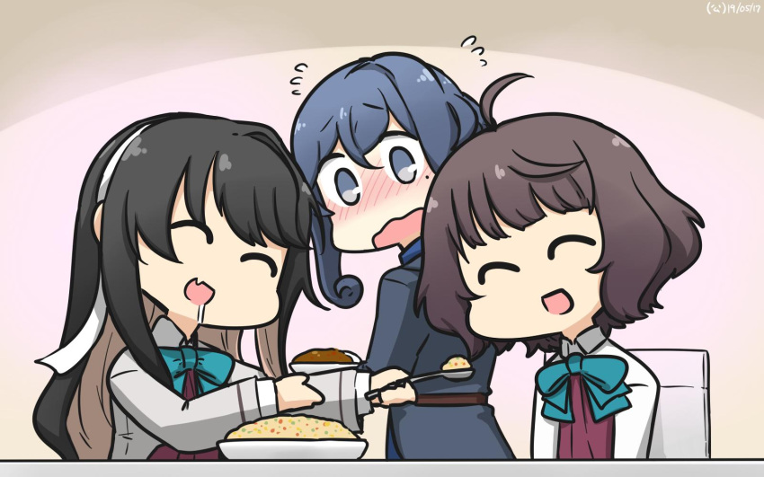 3girls ahoge bangs black_hair blazer blue_hair blunt_bangs blush bow bowtie brown_hair closed_eyes collared_shirt commentary_request curry curry_rice dated drooling fang feeding flying_sweatdrops food fried_rice from_behind gotland_(kantai_collection) hair_bun hair_down hair_ribbon hairband halterneck hamu_koutarou happy highres jacket kantai_collection kishinami_(kantai_collection) long_hair long_sleeves looking_back military military_uniform mole mole_under_eye multiple_girls naganami_(kantai_collection) open_mouth pink_hair remodel_(kantai_collection) ribbon rice saliva school_uniform shirt short_hair skin_fang uniform upper_body wavy_hair wavy_mouth white_hairband white_shirt