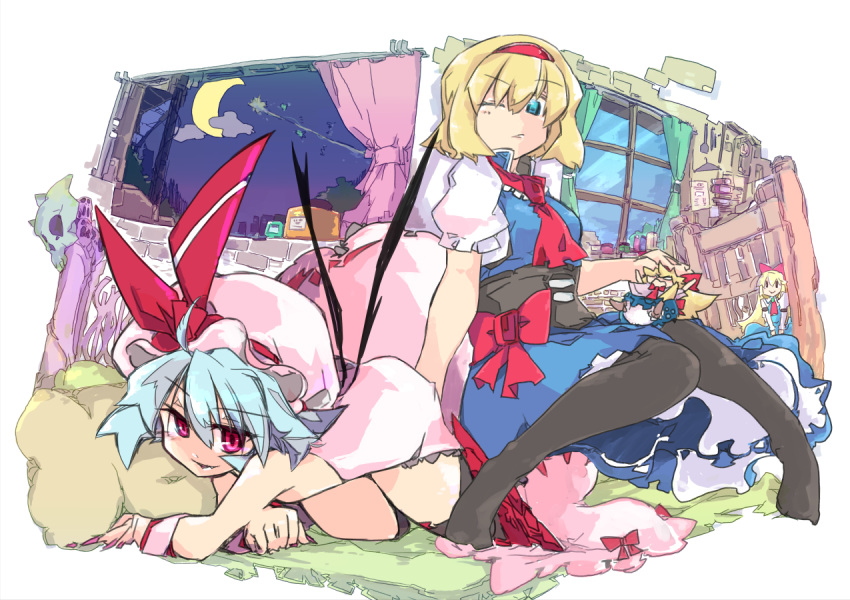 2girls alice_margatroid beru black_legwear blonde_hair blue_eyes blue_hair bow clouds commentary_request crescent_moon curtains doll fang hairband hat hat_ribbon long_hair looking_at_another looking_at_viewer looking_down lying mob_cap moon multiple_girls night night_sky on_stomach one_eye_closed open_mouth pantyhose parted_lips pillow red_bow red_eyes red_hairband red_ribbon remilia_scarlet ribbon shanghai_doll short_hair skull sky smile touhou window wrist_cuffs