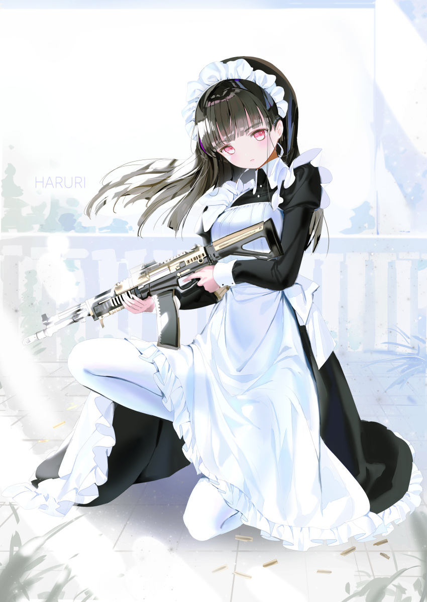 1girl absurdres apron bangs black_dress brown_hair closed_mouth commentary_request dress eyebrows_visible_through_hair floating_hair frilled_apron frills full_body gun head_tilt highres holding holding_gun holding_weapon juliet_sleeves long_sleeves looking_at_viewer machine_gun maid maid_headdress mullpull one_knee original pantyhose puffy_sleeves railing red_eyes shell_casing solo waist_apron weapon weapon_request white_apron white_legwear
