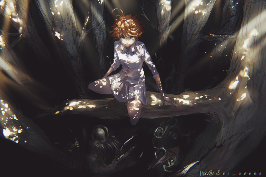 1girl black_nails blonde_hair brown_footwear collared_shirt dappled_sunlight dark demon_(yakusoku_no_neverland) dress_shirt emma_(yakusoku_no_neverland) forest from_above in_tree looking_at_viewer miniskirt monster nail_polish nature pleated_skirt shinnesstar shirt short_hair skirt sleeves_rolled_up squatting sunlight tree twitter_username white_shirt white_skirt wing_collar yakusoku_no_neverland yellow_eyes