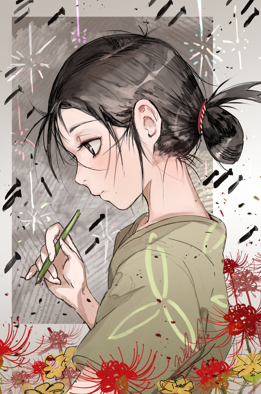 1girl absurdres bangs black_hair brown_kimono commentary_request eyebrows_visible_through_hair flower grey_eyes hand_up highres hiranko holding holding_pen japanese_clothes kimono kono_sekai_no_katasumi_ni looking_away looking_down pen profile red_flower short_hair short_sleeves solo upper_body urano_suzu yellow_flower