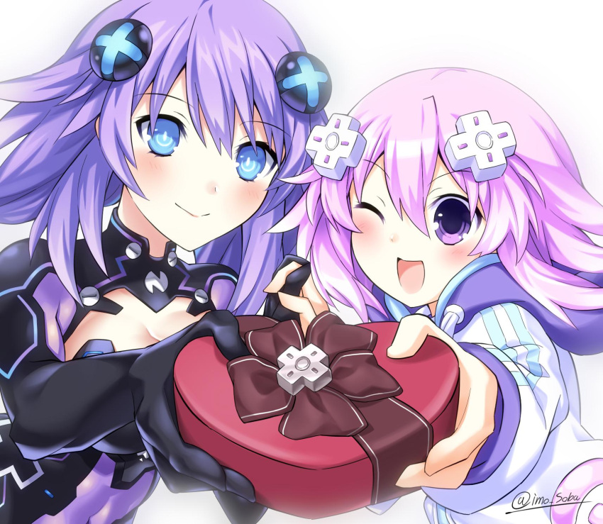 2girls blue_eyes box braid breasts commentary d-pad d-pad_hair_ornament dual_persona fingers_together hair_ornament happy_valentine heart-shaped_box highres imo_soba long_hair looking_at_viewer multiple_girls neptune_(neptune_series) neptune_(series) open_mouth purple_hair purple_heart short_hair smile symbol-shaped_pupils twin_braids twitter_username very_long_hair violet_eyes