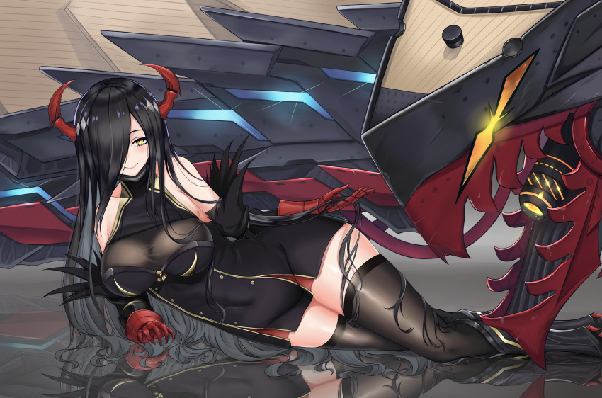 1girl azur_lane bangs bare_shoulders black_hair black_legwear blush breasts closed_mouth friedrich_der_grosse_(azur_lane) gloves hair_over_one_eye highres horns large_breasts long_hair looking_at_viewer lying machinery mentai_mayo on_side red_gloves red_horns reflection rigging smile solo thigh-highs very_long_hair yellow_eyes