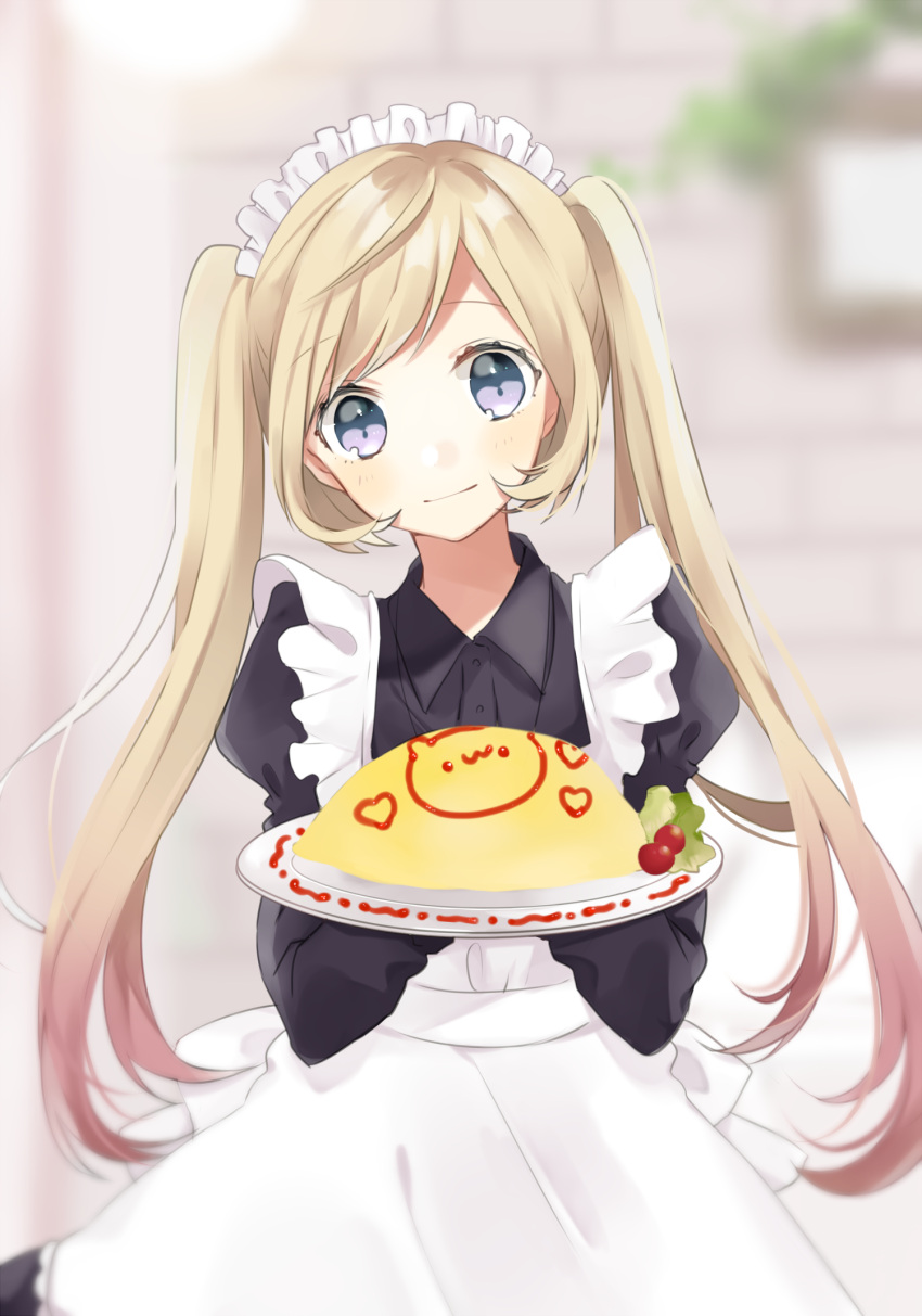 1girl apron bangs black_dress blurry blurry_background blush brown_hair closed_mouth commentary depth_of_field dress eyebrows_visible_through_hair food hachimitsu_honey head_tilt heart highres holding holding_tray juliet_sleeves long_sleeves maid maid_apron maid_headdress omurice original puffy_sleeves sidelocks smile solo symbol_commentary tray twintails violet_eyes white_apron