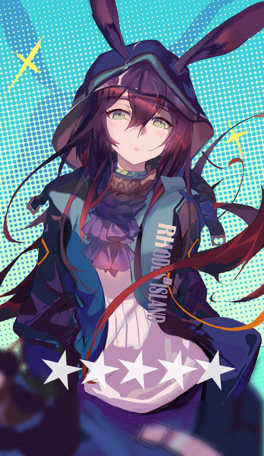 1girl amiya_(arknights) animal_ears arknights bangs black_jacket blue_eyes brown_hair clothes_writing commentary_request eyebrows_visible_through_hair hair_between_eyes hands_in_pockets head_tilt highres hood hood_up jacket jewelry long_hair looking_at_viewer open_clothes open_jacket pantyhose pleated_skirt rabbit_(tukenitian) shirt sidelocks skirt solo white_shirt