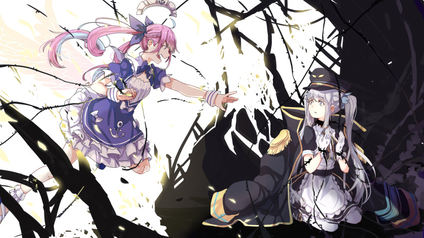 2girls absurdres anchor_symbol ankle_cuffs apron cleavage_cutout drill_hair garrison_cap gloves hat highres hololive kagura_mea kagura_mea_channel kneeling looking_at_another maid_apron maid_dress maid_headdress military military_uniform minato_aqua multicolored_hair multiple_girls outstretched_arm purple_hair reaching_out streaked_hair tagme tears thorns twin_drills twintails uniform violet_eyes virtual_youtuber white_hair white_legwear wrist_cuffs xuu_shi_times