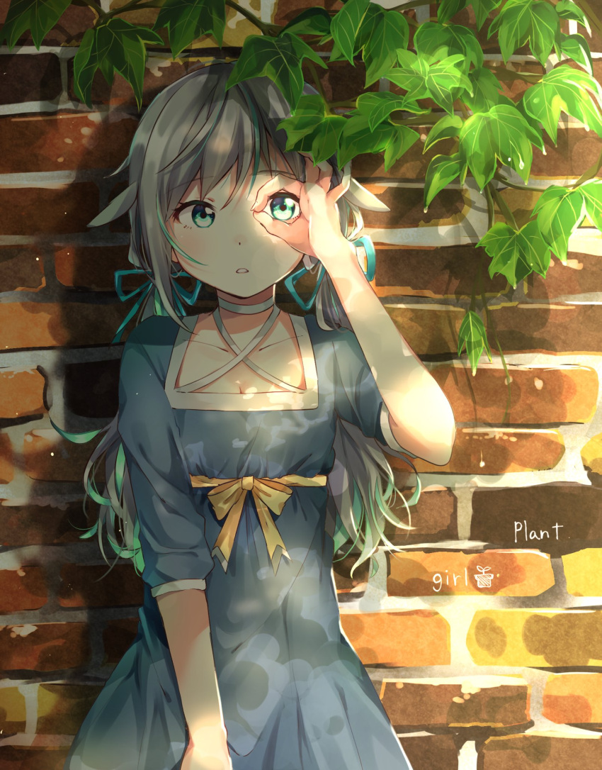 1girl against_wall animal_ears aqua_eyes aqua_hair bangs blue_dress blue_ribbon brick_wall character_request choker collarbone commentary copyright_request day dress english_text grey_hair hair_ribbon hand_over_eye highlights highres long_hair makura_(makura0128) multicolored_hair ok_sign outdoors parted_lips plant ribbon shade short_sleeves solo symbol_commentary twintails vines white_choker yellow_ribbon