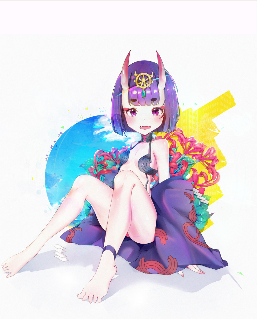 1girl absurdres bangs bare_shoulders barefoot blunt_bangs blush bob_cut breasts chinese_commentary commentary eyebrows_visible_through_hair eyeliner fangs fate/grand_order fate_(series) feet gem headpiece highres horns japanese_clothes kalun_(fwme3378) kimono looking_at_viewer makeup off_shoulder oni oni_horns purple_hair purple_kimono red_ribbon revealing_clothes ribbon short_eyebrows short_hair shuten_douji_(fate/grand_order) small_breasts solo surprised thick_eyebrows violet_eyes
