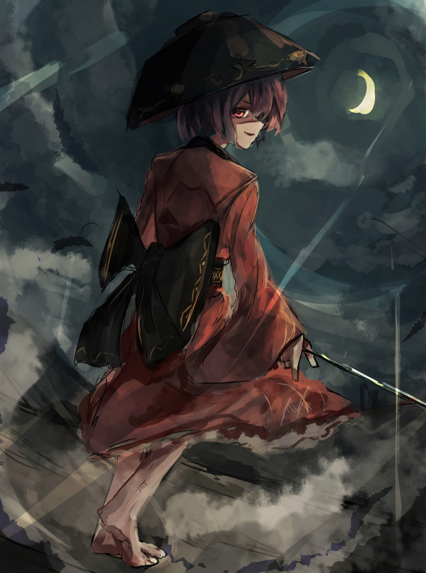 1girl absurdres barefoot black_sash bowl bowl_hat commentary_request crescent_moon dutch_angle from_behind full_body hat higasa_rin highres holding holding_needle japanese_clothes kimono long_sleeves looking_at_viewer looking_back moon needle needle_sword night night_sky obi outdoors parted_lips pink_eyes profile purple_hair red_kimono sash shaded_face short_hair sketch sky sleeves_past_wrists smile solo standing sukuna_shinmyoumaru touhou weapon wide_sleeves wind