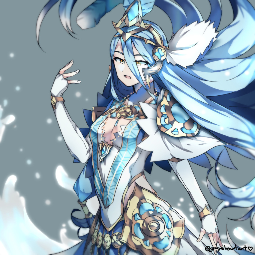 1girl absurdres aqua_(fire_emblem_if) blue_hair commentary elbow_gloves feathers fingerless_gloves fire_emblem fire_emblem_heroes fire_emblem_if gloves graysheartart hair_feathers hair_ornament highres jewelry long_hair open_mouth pendant solo twitter_username upper_body white_gloves yellow_eyes