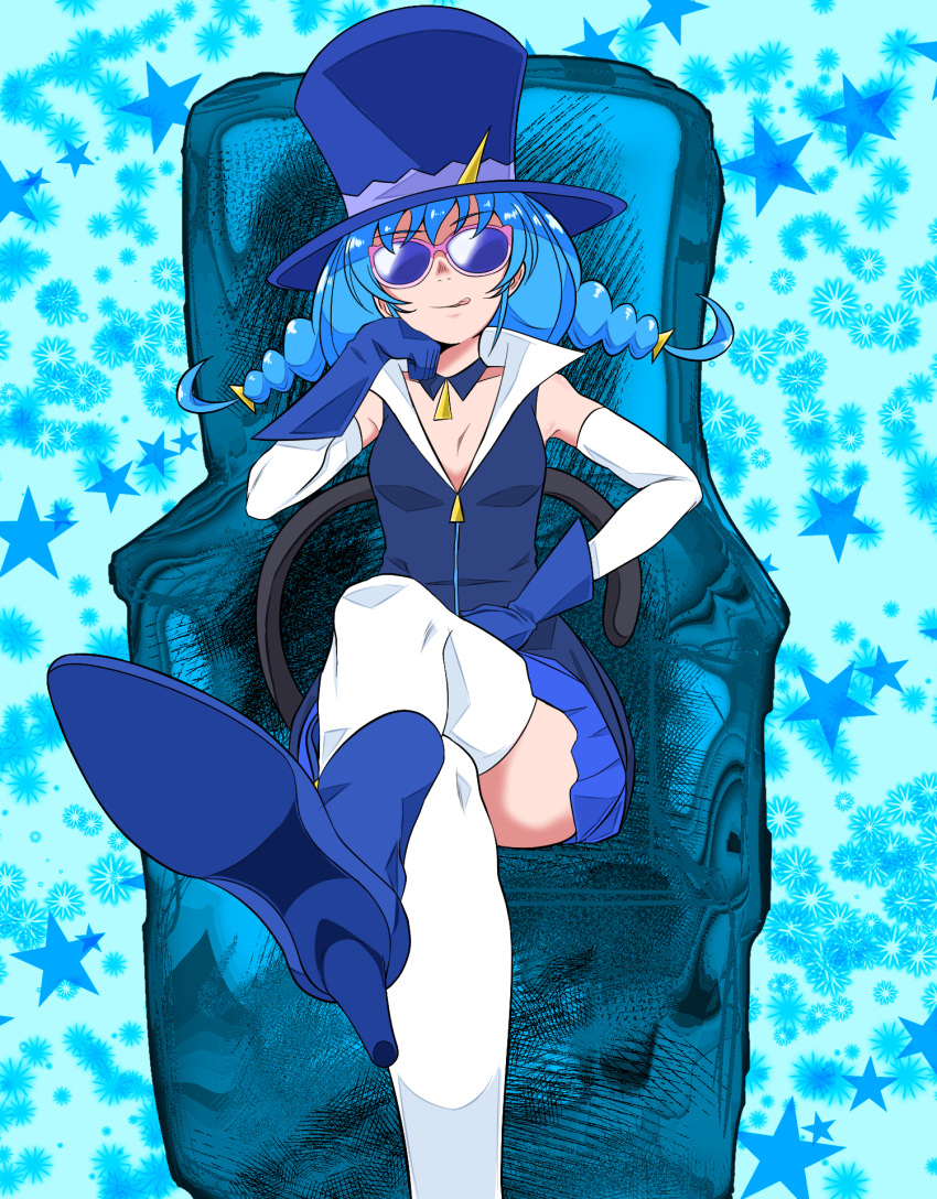 1girl :q blue_background blue_cat blue_footwear blue_gloves blue_hair blue_headwear blue_neckwear blue_skirt blue_theme blue_vest boots braid cat_tail choker crossed_legs gloves hat highres knee_boots looking_at_viewer nann_tou popped_collar precure short_hair sitting skirt solo star star_twinkle_precure starry_background sunglasses tail thigh-highs tongue tongue_out top_hat twin_braids vest white_legwear yuni_(precure)