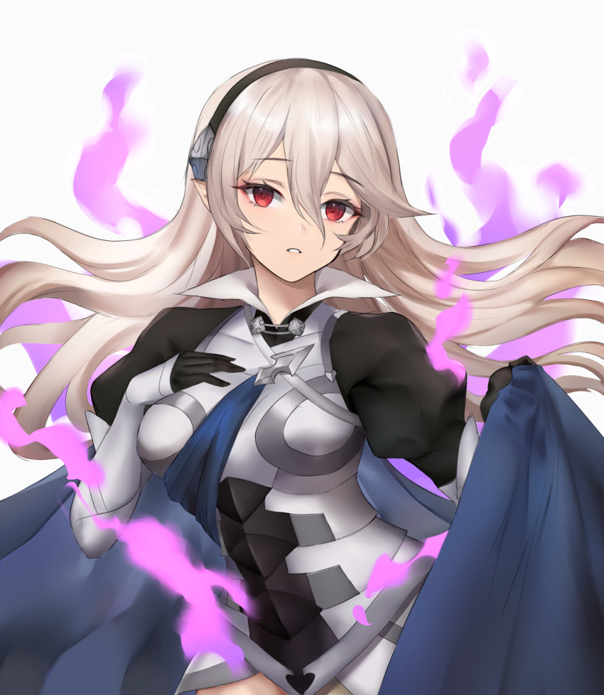 1girl armor aura black_gloves black_hairband blue_cape cape commentary_request dark_aura ei1han female_my_unit_(fire_emblem_if) fire_emblem fire_emblem_heroes fire_emblem_if gloves hair_between_eyes hairband highres long_hair my_unit_(fire_emblem_if) parted_lips pointy_ears red_eyes simple_background solo upper_body white_background white_hair