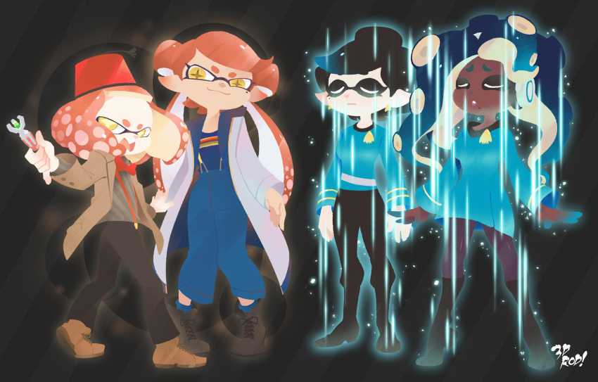 3d_rod! 4girls aori_(splatoon) boots bow bowtie closed_eyes commentary cosplay dark_skin doctor_who eleventh_doctor eleventh_doctor_(cosplay) fang fez_hat glowing highres hime_(splatoon) hood hooded_jacket hotaru_(splatoon) iida_(splatoon) jacket looking_at_viewer mole mole_under_eye mole_under_mouth multiple_girls open_mouth short_hair smile sonic_screwdriver splatoon_(series) splatoon_2 standing star_trek suspenders symbol-shaped_pupils tentacle_hair the_doctor thirteenth_doctor thirteenth_doctor_(cosplay) uniform yellow_eyes