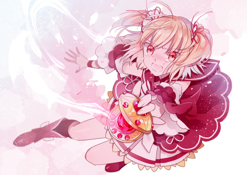 1girl ayano_rika ayumaru_(art_of_life) bangs blonde_hair boots commentary_request crying detached_sleeves eyebrows_visible_through_hair frilled_skirt frills full_body gem hair_ribbon holding kneehighs looking_at_viewer magia_record:_mahou_shoujo_madoka_magica_gaiden magical_girl mahou_shoujo_madoka_magica open_mouth outstretched_arm pink_background red_eyes red_footwear red_legwear red_ribbon red_sailor_collar ribbon sad sailor_collar short_hair skirt solo tears two_side_up wristband