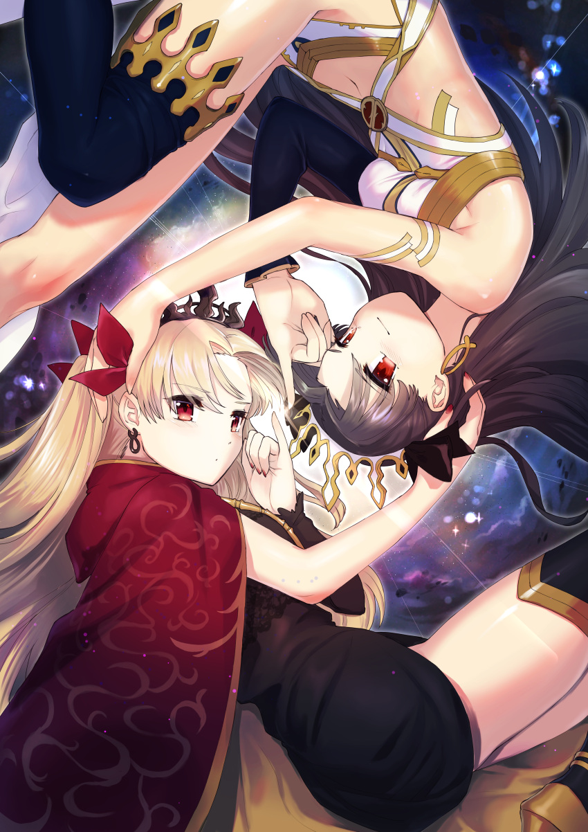 2girls absurdres armlet asymmetrical_sleeves bangs bare_shoulders black_dress black_footwear black_hair black_ribbon blonde_hair blue_legwear boots breasts cape closed_mouth commentary crown dress earrings ereshkigal_(fate/grand_order) eyebrows_visible_through_hair fate/grand_order fate_(series) gold_trim hair_ornament hair_ribbon hand_on_another's_head highres hoop_earrings infinity ishtar_(fate/grand_order) jewelry light_blush long_hair long_sleeves looking_at_viewer looking_to_the_side medium_breasts multiple_girls nail_polish navel necklace parted_bangs red_cape red_eyes red_nails red_ribbon ribbon sahara1127 single_sleeve single_thighhigh smile spine thigh-highs thigh_boots thighs tiara tsurime two_side_up