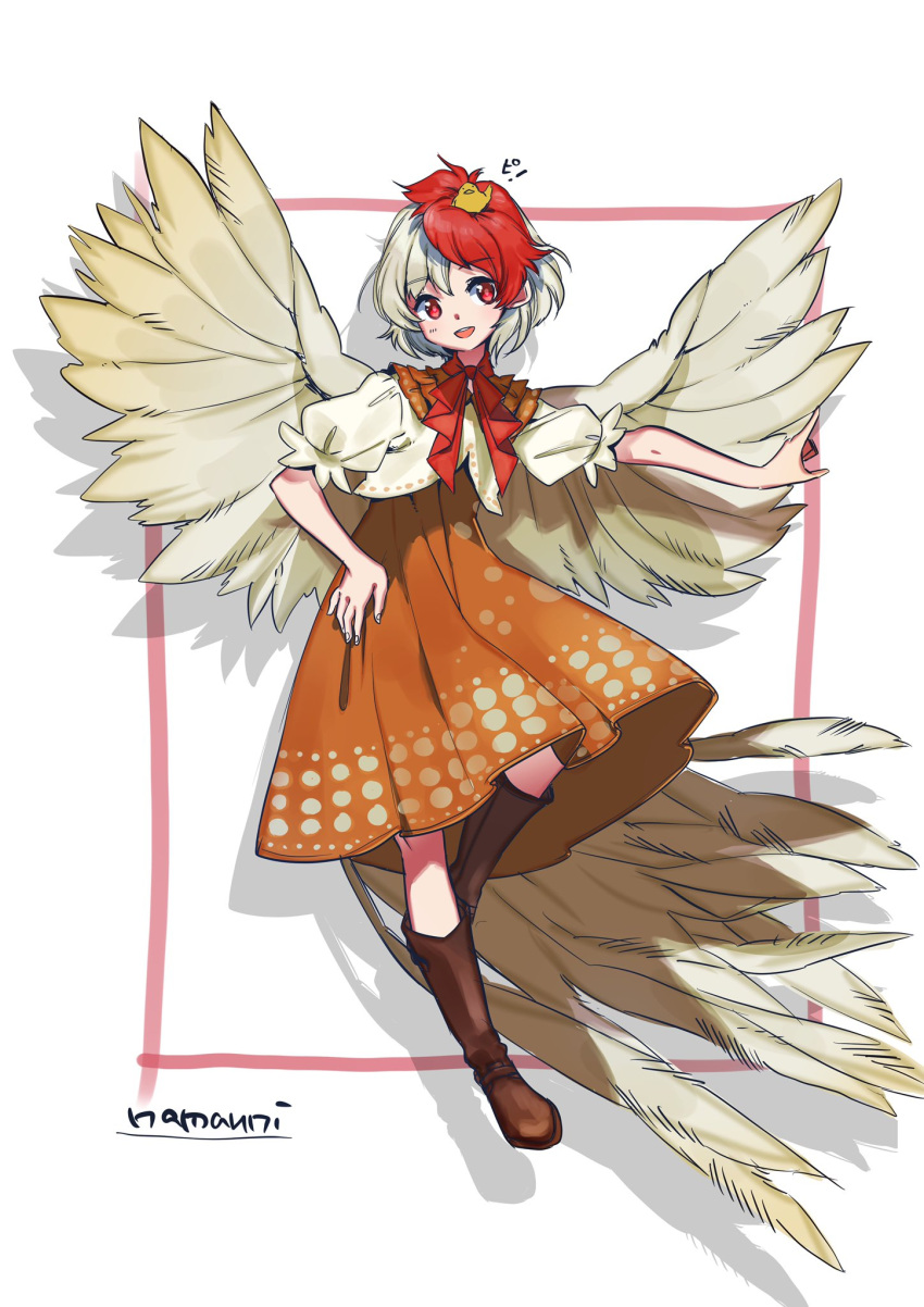 1girl :d animal animal_on_head artist_name bangs bird blush boots brown_footwear chick commentary_request dress drop_shadow eyebrows_visible_through_hair feathered_wings full_body grey_wings hand_on_hip head_tilt highres looking_at_viewer multicolored_hair namauni neck_ribbon niwatari_kutaka on_head open_mouth orange_dress red_eyes red_neckwear red_ribbon redhead ribbon shirt short_hair signature silver_hair smile solo tail_feathers touhou two-tone_hair white_background white_shirt wings
