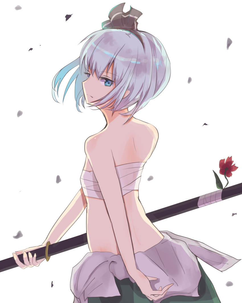 1girl absurdres bandages bangs bare_arms bare_shoulders black_hairband black_ribbon blue_eyes breasts commentary_request cowboy_shot eyebrows_visible_through_hair flower from_behind green_skirt hair_ribbon hairband head_tilt highres holding holding_sword holding_weapon katana konpaku_youmu looking_at_viewer looking_back midriff minaminyan_(4712751) petals red_flower ribbon sarashi scabbard sheath sheathed short_hair simple_background skirt small_breasts solo standing sword touhou weapon white_background