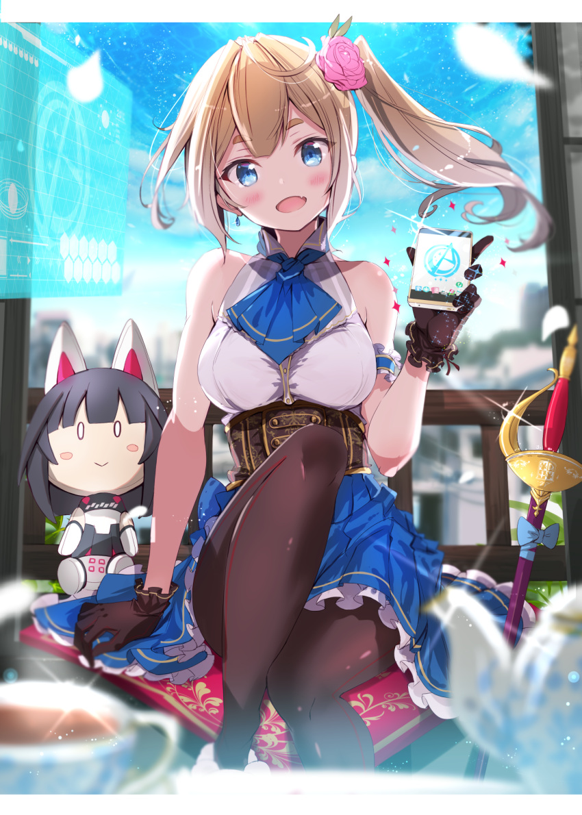1girl alice_gear_aegis arm_garter ascot bangs bare_shoulders bench black_gloves black_legwear blonde_hair blue_bow blue_eyes blue_skirt bow breasts cellphone character_doll corset cup day earrings eyebrows_visible_through_hair fang flower frilled_skirt frills fuku_kitsune_(fuku_fox) gloves hair_flower hair_ornament highres holographic_monitor jewelry knee_up lily_sears long_hair looking_at_viewer medium_breasts open_mouth pantyhose petticoat phone pink_flower rapier shirt side_ponytail sitting skirt sky sleeveless sleeveless_shirt smartphone smile solo sparkle sword teacup teapot weapon wind