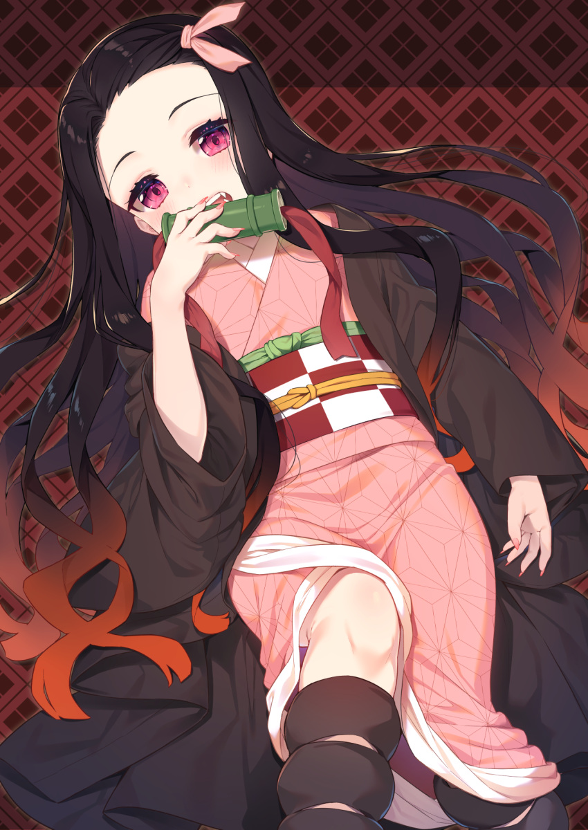 1girl black_hair blush brown_hair checkered commentary_request fangs fingernails forehead gradient_hair hair_ribbon head_tilt highres holding japanese_clothes kamado_nezuko kimetsu_no_yaiba kimono long_hair long_sleeves lying multicolored_hair nail_polish obi on_back open_clothes open_mouth pink_kimono pink_nails pink_ribbon ribbon sash sharp_fingernails solo tofu1601 very_long_hair violet_eyes wide_sleeves