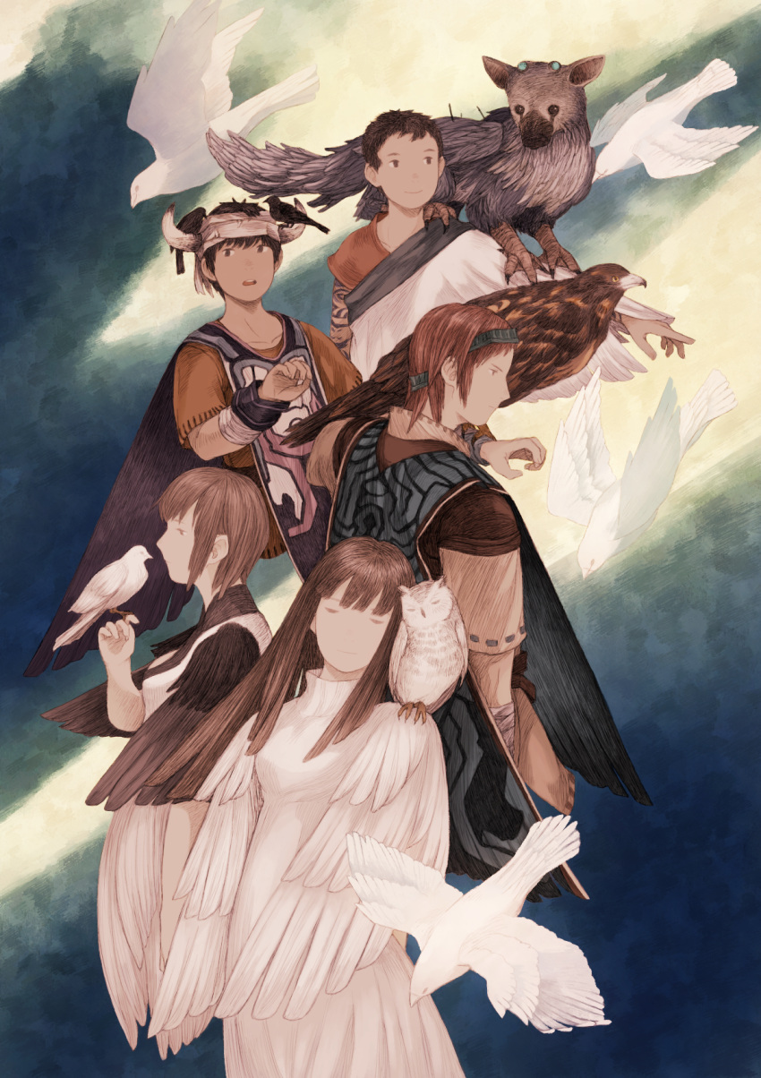 animal bird breasts closed_mouth commentary_request crossover dress highres horns ico ico_(character) long_hair maekakekamen mono multiple_boys multiple_girls owl shadow_of_the_colossus short_hair tabard the_boy_(the_last_guardian) the_last_guardian trico_(character) wander wings yorda