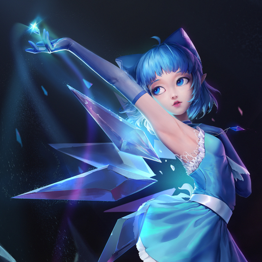 1girl ahoge alternate_costume arm_up armpits black_background blue_choker blue_dress blue_eyes blue_gloves blue_hair bow breasts choker cirno crystal dress elbow_gloves frilled_dress frills gloves glowing hair_bow hand_on_own_chest highres ice jewelry light_particles light_trail lips looking_back looking_up necklace outstretched_hand parted_lips pendant pointy_ears sarena sash short_hair sleeveless sleeveless_dress small_breasts socks solo touhou upper_body upper_teeth wings