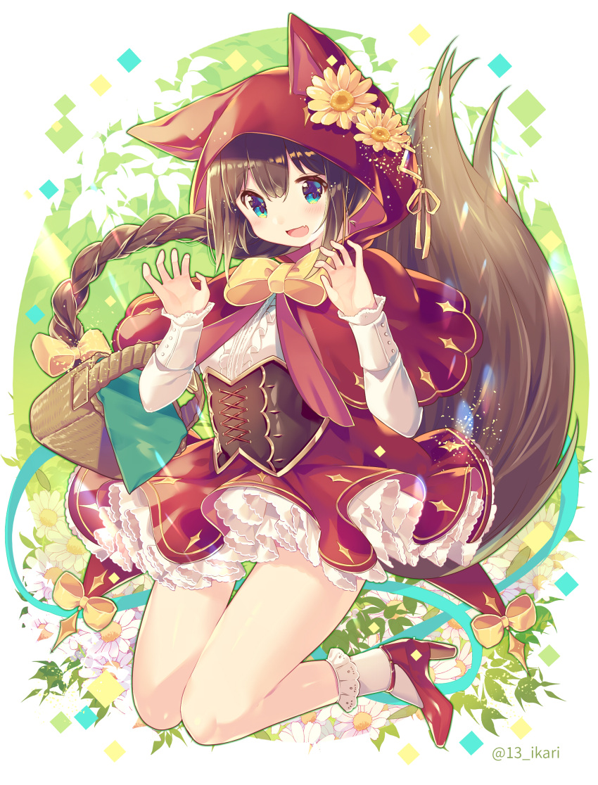 1girl :d absurdres animal_ears animal_hood bangs basket blue_eyes blush bobby_socks bow braid brown_hair capelet center_frills commentary_request eyebrows_visible_through_hair fake_animal_ears fang flower frills full_body hair_between_eyes hair_bow hand_up high_heels highres hood hood_down hooded_capelet ikari_(aor3507) long_hair long_sleeves open_mouth orange_flower original red_capelet red_footwear red_skirt ribbon shirt shoes single_braid skirt sleeves_past_wrists smile socks solo tail tail_raised twintails underbust very_long_hair white_flower white_legwear white_shirt yellow_bow yellow_ribbon