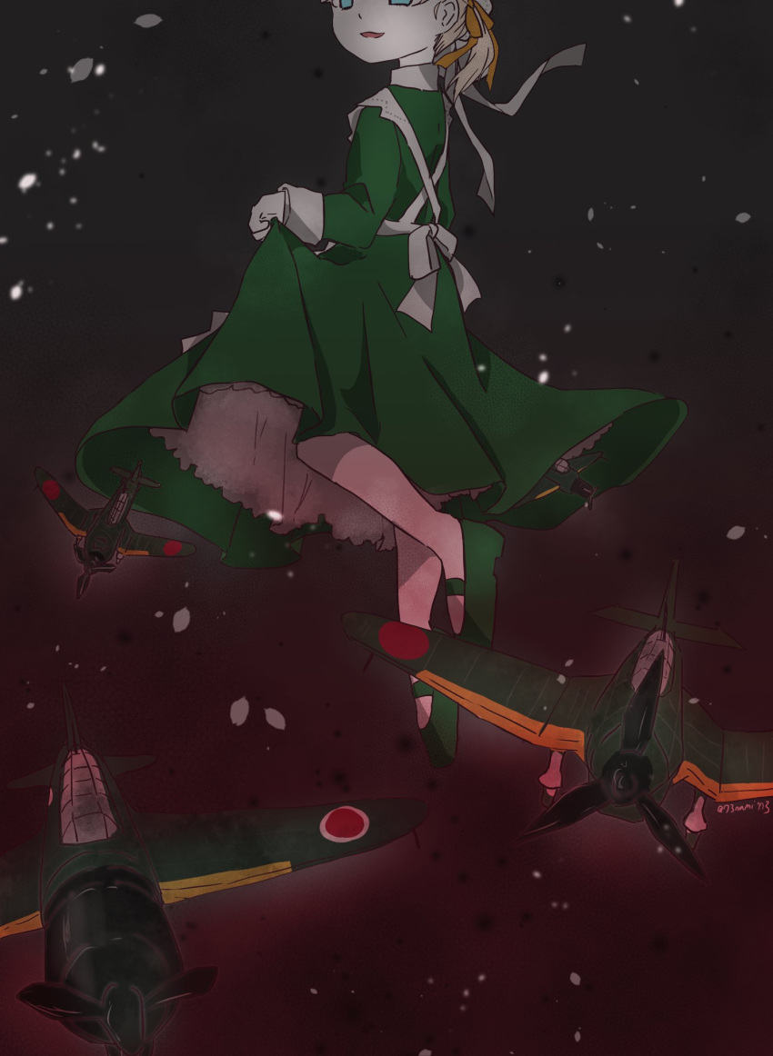 aircraft alternate_costume apron blonde_hair blue_eyes collared_dress commentary_request dress floating green_dress green_footwear hair_ribbon highres kantai_collection leg_up long_hair long_sleeves maid mary_janes nami_nami_(belphegor-5812) orange_ribbon out_of_frame propeller ribbon shin'you_(kantai_collection) shoes side_ponytail skirt_hold smile twitter_username uniform white_apron white_legwear