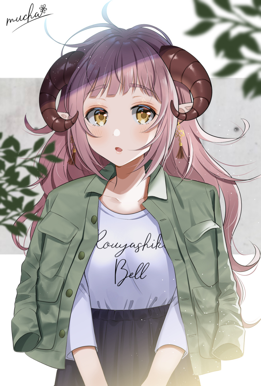 1girl :o black_skirt blush brown_eyes buttons clothes_writing collarbone commentary_request curled_horns cursive green_jacket highres iriam jacket jacket_on_shoulders long_hair long_sleeves looking_at_viewer myusha open_clothes open_jacket parted_lips pink_hair pointy_ears rouyashiki_bell shirt shirt_tucked_in sidelocks signature skirt solo standing upper_body virtual_youtuber white_shirt wing_collar