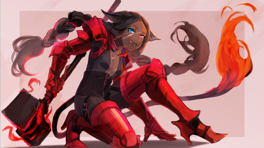 1girl armored_boots bangs black_hair blue_eyes boots braid breasts dark_skin facial_scar gauntlets hammer heterochromia high_heel_boots high_heels highres holding holding_hammer imacomai licking_lips metal_boots parted_bangs pink_eyes pixiv_fantasia pixiv_fantasia_last_saga red_armor red_footwear scar simple_background small_breasts solo squatting tail thigh-highs thigh_boots tongue tongue_out twin_braids twintails vinika