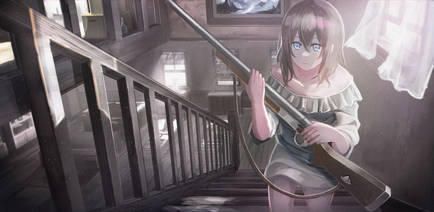 1girl absurdres blue_eyes brown_hair commentary dress english_commentary gun highres holding holding_gun holding_weapon huge_filesize indoors momokurianzu off_shoulder original scenery solo stairs strapless strapless_dress weapon window