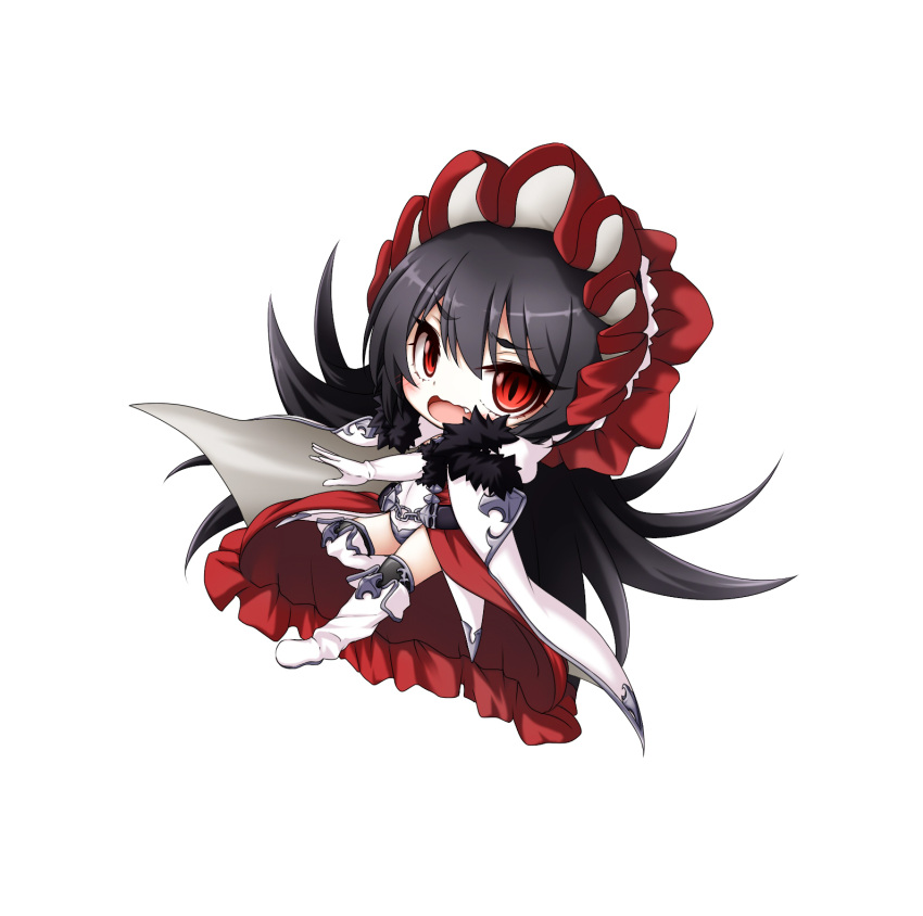 1girl bangs black_hair black_legwear blush boots cape chain chibi covered_navel eyebrows_visible_through_hair fang fur-trimmed_cape fur_trim gloves hair_between_eyes highres ilya_ornstein knee_boots kuena leotard long_hair looking_at_viewer open_mouth outstretched_arm over-kneehighs princess_connect! princess_connect!_re:dive red_eyes simple_background solo thigh-highs very_long_hair wavy_mouth white_background white_cape white_footwear white_gloves white_leotard