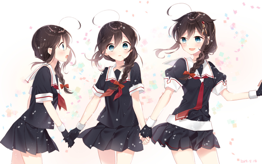 3girls :d ahoge black_gloves black_serafuku black_skirt blue_eyes blush braid brown_hair dated fingerless_gloves gloves hair_between_eyes hair_flaps kantai_collection long_hair multiple_girls multiple_persona naoto_(tulip) neckerchief open_mouth pleated_skirt red_neckwear remodel_(kantai_collection) school_uniform serafuku shigure_(kantai_collection) short_sleeves single_braid skirt smile