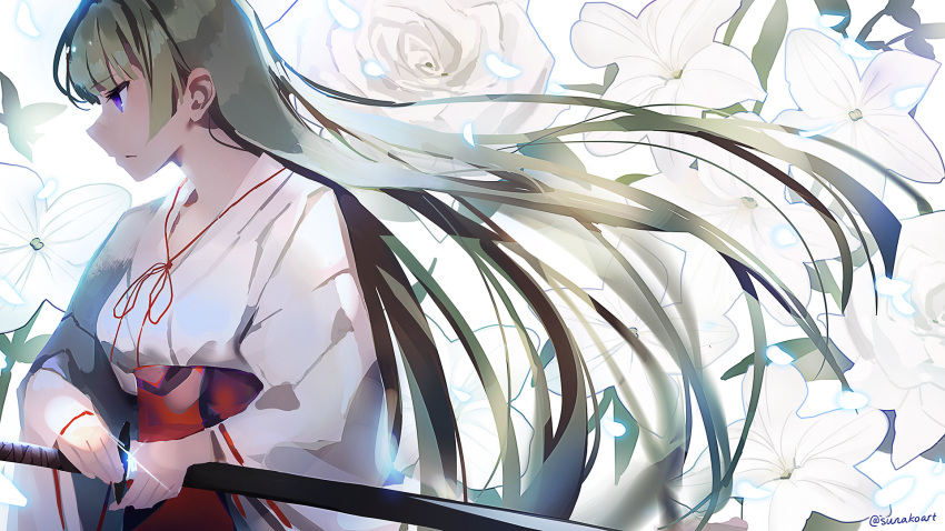 1girl animal bangs breasts bug butterfly commentary english_commentary eyebrows_visible_through_hair flower glint green_hair hakama highres holding holding_sheath holding_sword holding_weapon insect japanese_clothes katana kimono long_hair long_sleeves looking_away miko original parted_lips petals profile red_hakama ribbon-trimmed_sleeves ribbon_trim sheath sideways_mouth small_breasts solo sunako_(veera) sword twitter_username unsheathing upper_body very_long_hair violet_eyes weapon white_flower white_kimono wide_sleeves